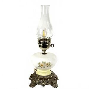 1971 L&LWMC Vintage Hurricane Lamp White Ceramic Floral Cast Metal Base